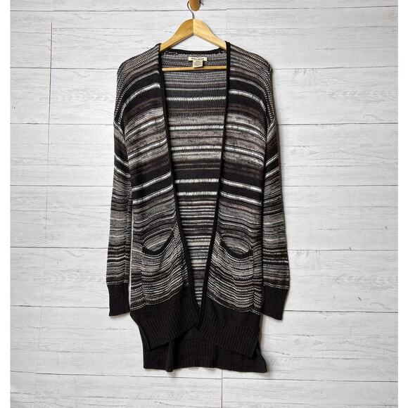 Billabong Cardigan Duster Womens Size S/P Brown with Pockets Striped Open Earthy - Picture 1 of 16